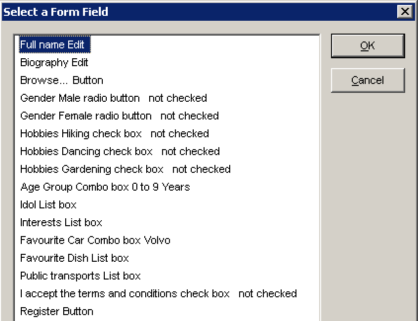 JAWS' "Select a Form Field" dialog