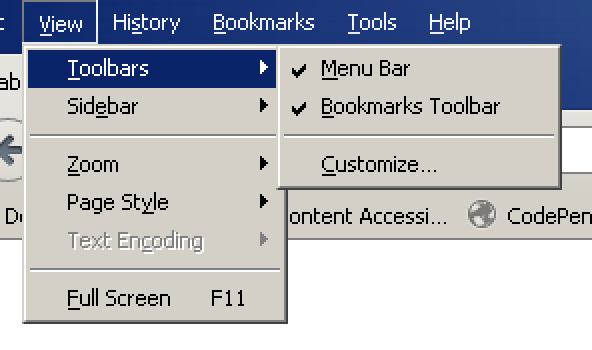 Firefox's menu "View > Toolbars"
