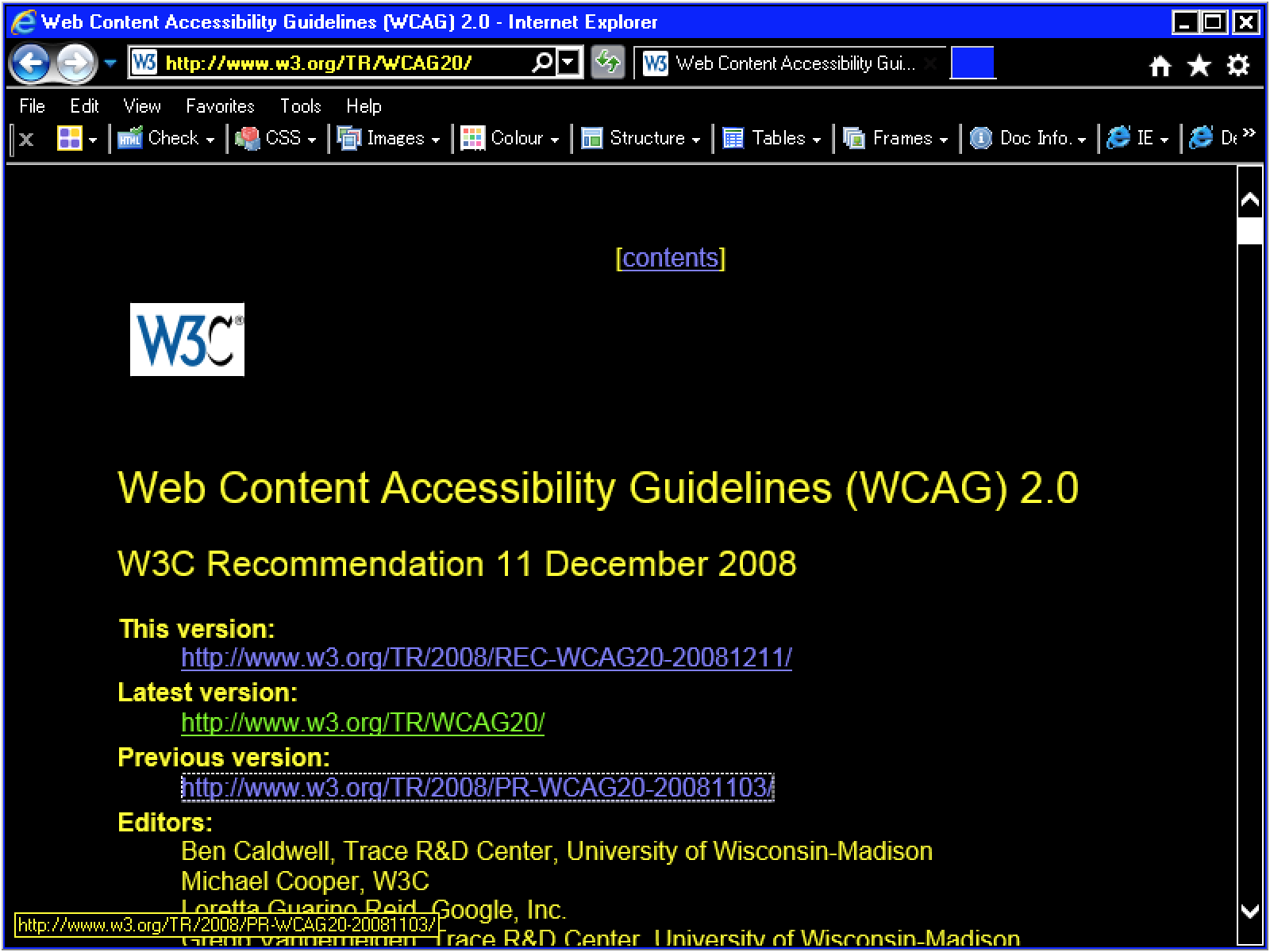 The WCAG 2.0 website in high contrast mode