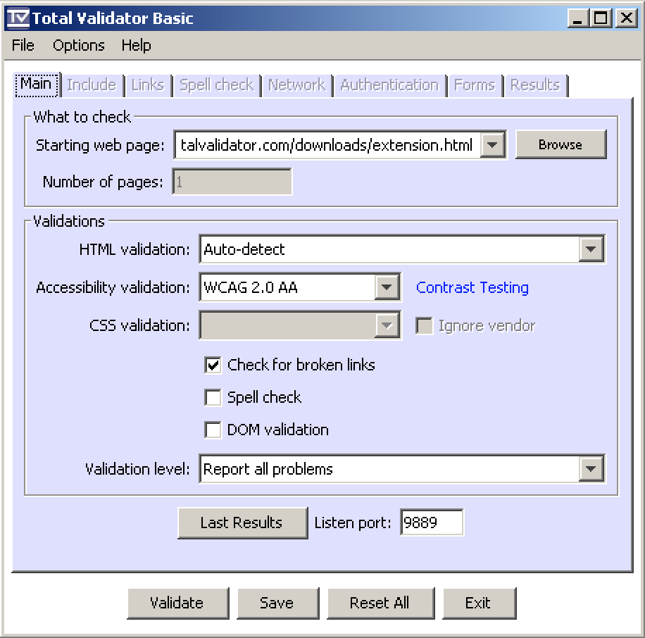 Total Validator window